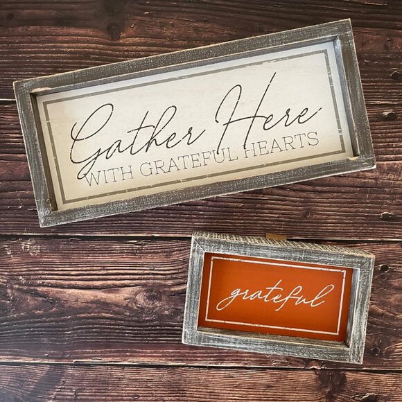 CLEARANCE!Fall Holiday Wood Signs / Set of 2 / Thanksgiving/Gather Here/Grateful - Picture 1 of 8